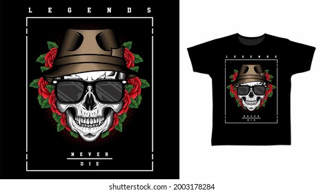 Skull Head with Roses vector illustration t-shirt design concept.