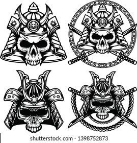 Skull head samurai with crossed katana and rope sets suitable for t-shirt