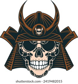 Skull head with samurai helmet vector illustration