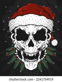 Skull head with santa hat hand drawn illustration design concepts