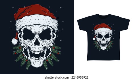 Skull head with santa hat t shirt and apparel design concepts