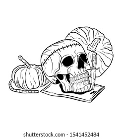 
skull head with a sewing wound on the forehead and surrounded by a pumpkin