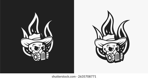Logotipo de la silueta de la cabeza del cráneo con el sombrero en el fondo del fuego
