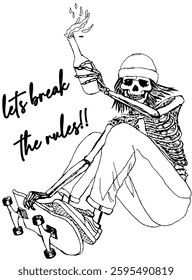 skull head skeleton art skate with style and on fire to break the rules