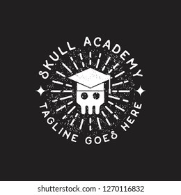 skull head skeleton with hat school academy graduation and line art light with grunge rustic texture hipster vintage logo icon vector template