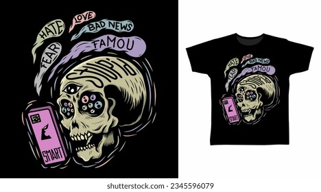 Skull head with smartphone t shirt and apparel design concepts