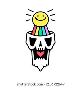 Skull head, with smile face, rainbow and heart, illustration for t-shirt, street wear, sticker, or apparel merchandise. With doodle, retro, and cartoon style.