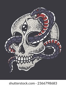 Skull head with snake hand drawn illustration vector design