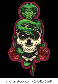skull head with snake and rose logo mascot design vector