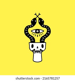 Skull head with snakes and one eye, illustration for t-shirt, sticker, or apparel merchandise. With doodle, retro, and cartoon style.