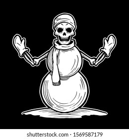 skull head snowman with bone twigs wearing beanie hat and scarf and gloves vector illustration character handrawn tattoo design for winter season concept