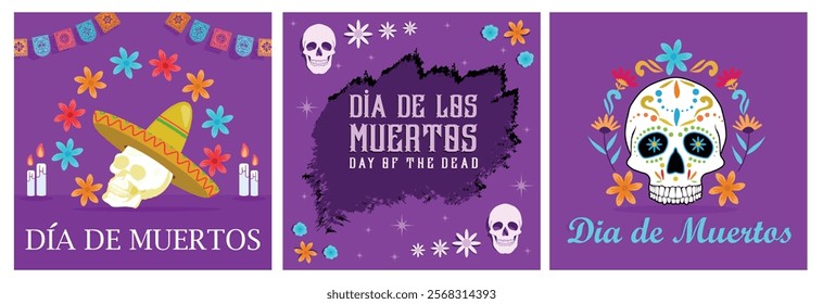 Skull head with sombrero hat and burning candle. Day of the Dead in Mexico. The skull is painted with floral decoration. Day of the Dead concept.  Set flat vector illustration.