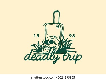 Skull head and suitcase, Deadly trip vintage illustration drawing design