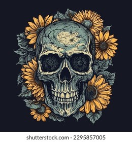 skull head with sunflower vector illustration