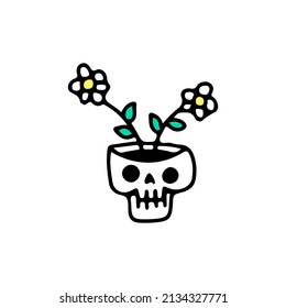 Skull head with sunflowers, illustration for t-shirt, street wear, sticker, or apparel merchandise. With doodle, retro, and cartoon style.