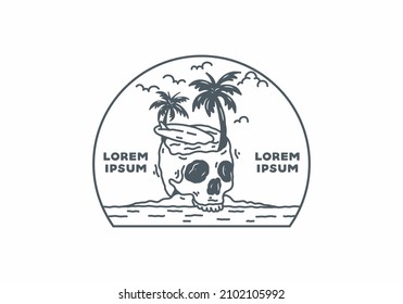 Skull head surfing line art illustration design