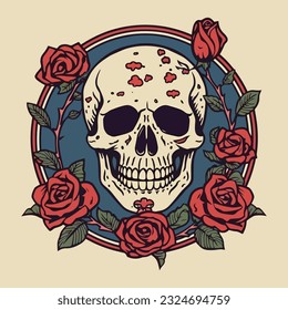 skull head surrounded by flowers and leaves illustration