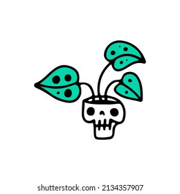 Skull head with swiss cheese plant, illustration for t-shirt, street wear, sticker, or apparel merchandise. With doodle, retro, and cartoon style.