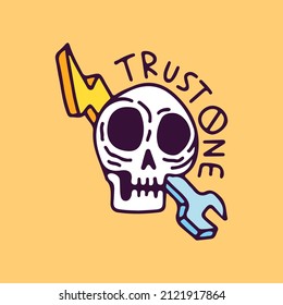 Skull head and thunder lightning   wrench  illustration for t  shirt  sticker  apparel merchandise  With retro cartoon style 