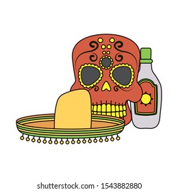 skull head with traditional mexican hat and tequila bottle vector illustration design