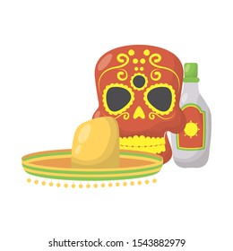 skull head with traditional mexican hat and tequila bottle vector illustration design