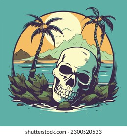 skull head in tropical beach vintage logo badge vector illustration