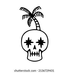 Skull head with tropical palm tree, illustration for t-shirt, street wear, sticker, or apparel merchandise. With doodle, retro, and cartoon style.