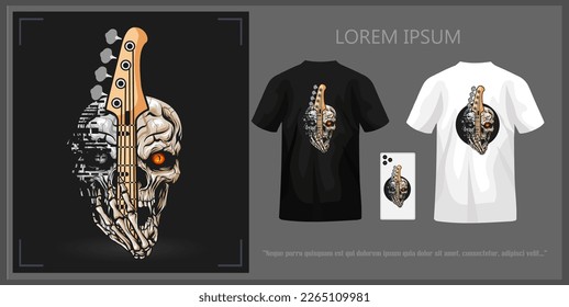 Skull head t-shirt design holding bass complete with mockup.