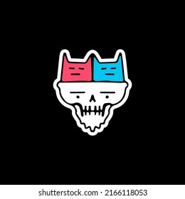 Skull head with two cats, illustration for t-shirt, sticker, or apparel merchandise. With doodle, retro, and cartoon style.