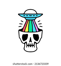 Skull head, UFO, and rainbow, illustration for t-shirt, street wear, sticker, or apparel merchandise. With doodle, retro, and cartoon style.