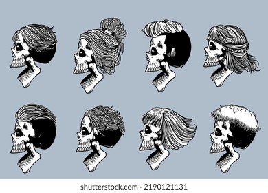 skull head with various hair and open mouth illustration set monochrome style