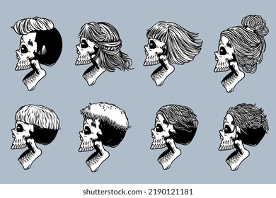 skull head with various hair and open mouth illustration set monochrome style