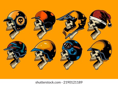 skull head with various helm on and open mouth hand drawn illustration set