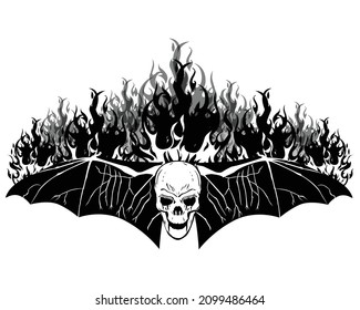 skull head vector graphic with bat and fire wings.
