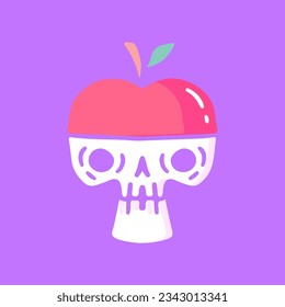 Skull head wearing apple hat, illustration for t-shirt, sticker, or apparel merchandise. With doodle, retro, groovy, and cartoon style.