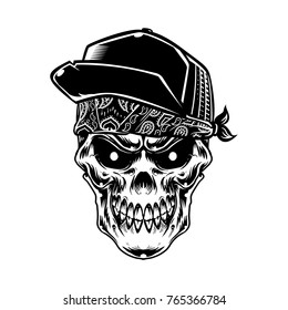 The skull head wearing bandana and hat, for t-shirt design artwork art print or underground music scene graphic needed