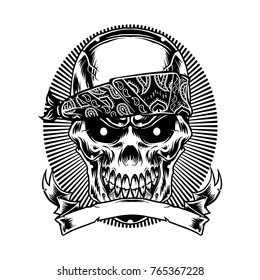 The skull head wearing bandana , ribbon accessories, and light background for t-shirt design artwork art print or underground music scene or automotive fanatic graphic needed