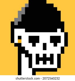 skull head wearing black hat and gold earrings