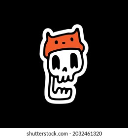 Skull head wearing cat hat illustration. Vector graphics for t-shirt prints and other uses.