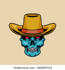 
skull head wearing a cowboy hat in vector illustration design