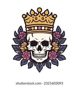 skull head wearing a crown with flower decoration vector clip art illustration