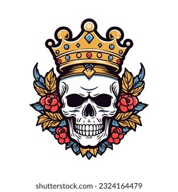 skull head wearing a crown with flower decoration vector clip art illustration
