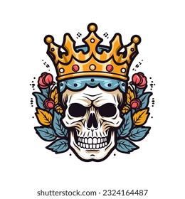 skull head wearing a crown with flower decoration vector clip art illustration