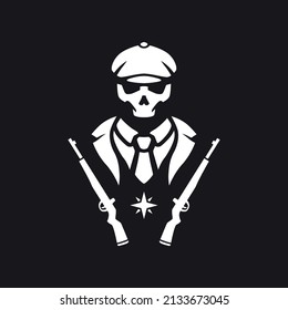 skull head wearing flat hat with British gangster style clothes vector image. Can be used for labels, signs, streamer logos and clothing designs.