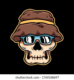 skull head wearing glasses and hat hand drawn illustration