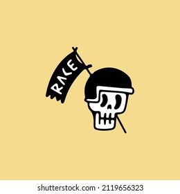 Skull head wearing helmet with flag, illustration for t-shirt, sticker, or apparel merchandise. With retro cartoon style.