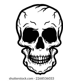 Skull head  wearing sunglasses and listening music in headphones. skull pirate, vector illustration in monochrome vintage style isolated on white 