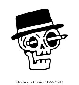 Skull head wearing vintage hat with pencil on the eyes, illustration for t-shirt, sticker, or apparel merchandise. With doodle, retro, and cartoon style.