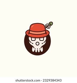 Skull head wears a red hat with peacock feathers in cartoon style