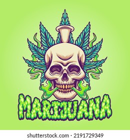 Skull Head With Weed Leaf Illustrations. Skull Smoking Cannabis Design For Your Brand  